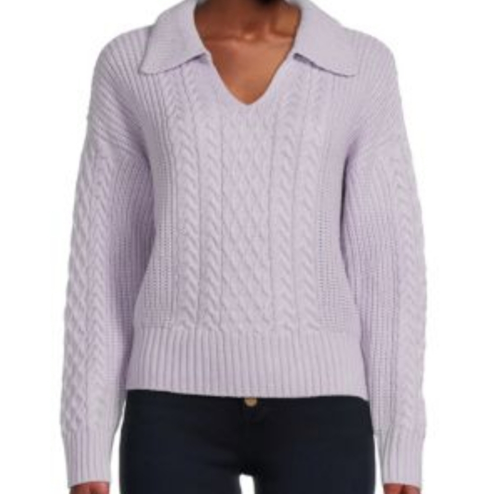 Saks Fifth Avenue Wool Blend Cable Knit Collared Sweater Lavender XS